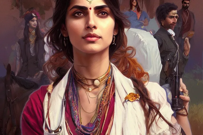 Image similar to Anxious good looking pale young Indian doctors wearing Western clothes at the airport, portrait, elegant, intricate, digital painting, artstation, concept art, smooth, sharp focus, illustration, art by artgerm and greg rutkowski and alphonse mucha