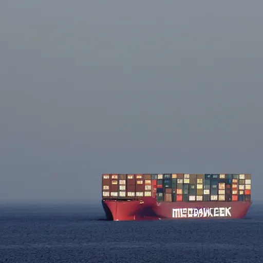 Prompt: maersk container ship, haze, telephoto zoom,