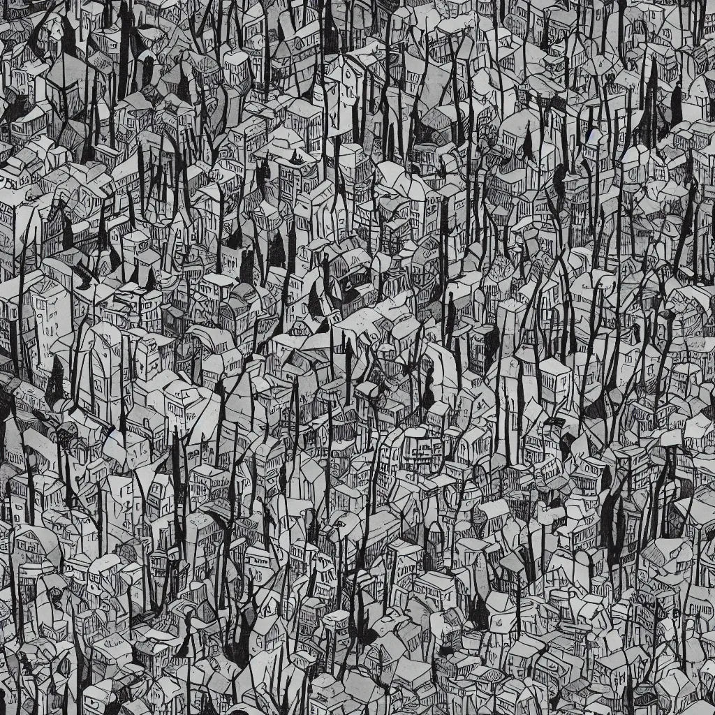 Prompt: A simple yet detailed illustration of abandon city covered by trees