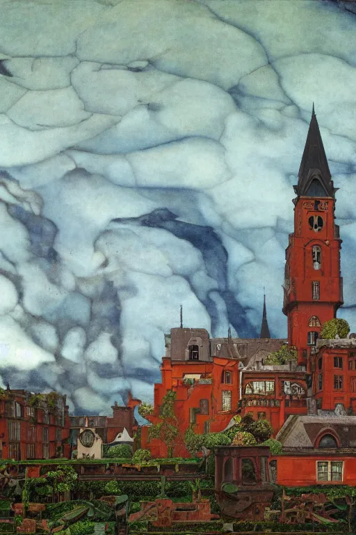 Image similar to view of the old tower and its gardens after a storm, tall windows lit up, beautiful ornamental architecture, dramatic cinematic lighting, rich colors, by Caspar David Friedrich and Diego Rivera and ford madox brown and Nicholas Roerich and April Gornik, smooth, sharp focus, extremely detailed, featured on artstation