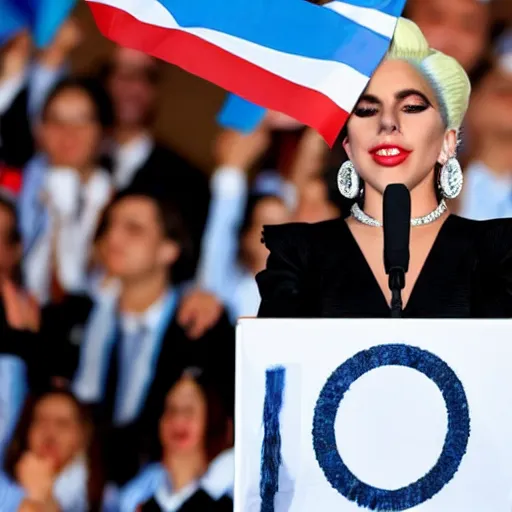 Image similar to Lady Gaga as president, Argentina presidential rally, Argentine flags behind, bokeh, giving a speech, detailed face, Argentina