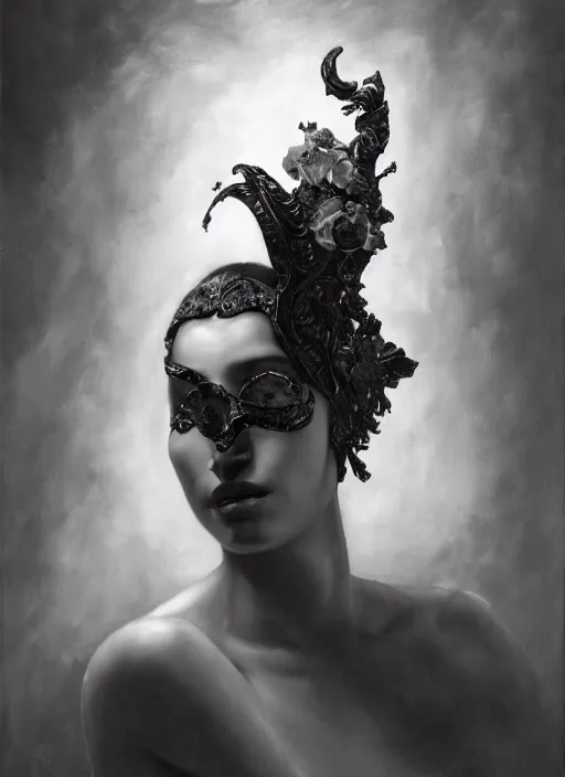 Image similar to highly detailed oil painting | very intricate | cinematic lighting | black and white, black background | the trumpet mask by alexander mcqueen | by roberto ferri, by leng jun, by j. c. leyendecker and klimt, american romanticism, by austin osman spare, artstation, cgsociety, official art, octane