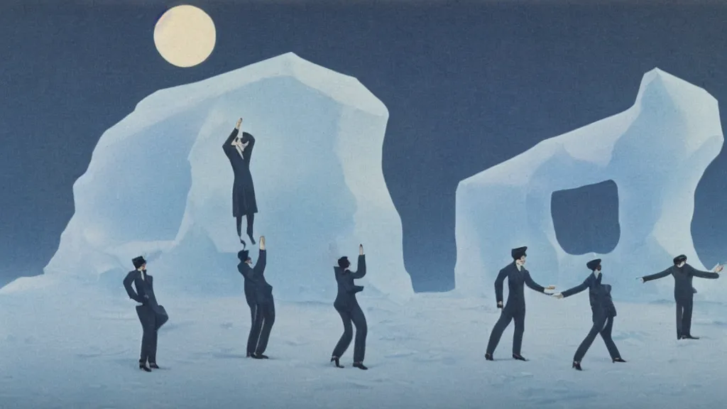 Prompt: A vintage scientific illustration from the 1970s of a choreography for people are frozen in an iceberg René Magritte