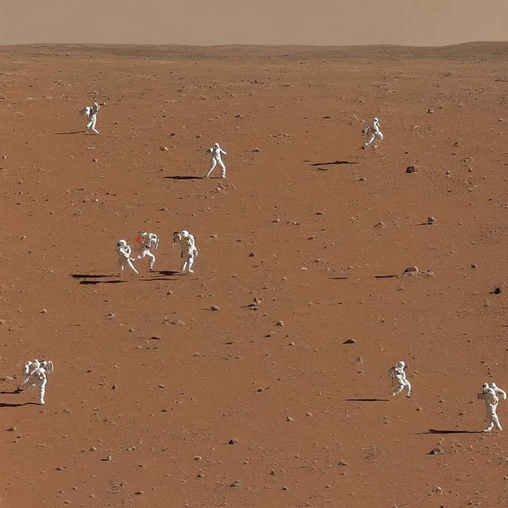 Prompt: astronauts playing soccer match on mars