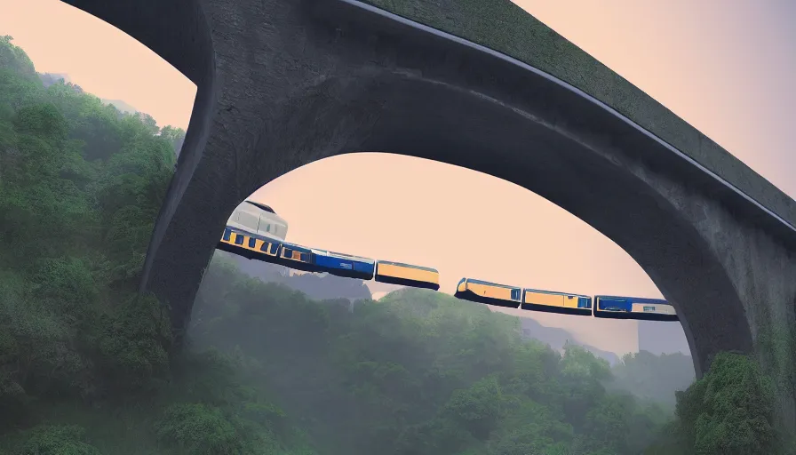 Image similar to futuristic train driving under aqueduct, green hills, matte painting, artstation, sunrise, blue sky, drone view