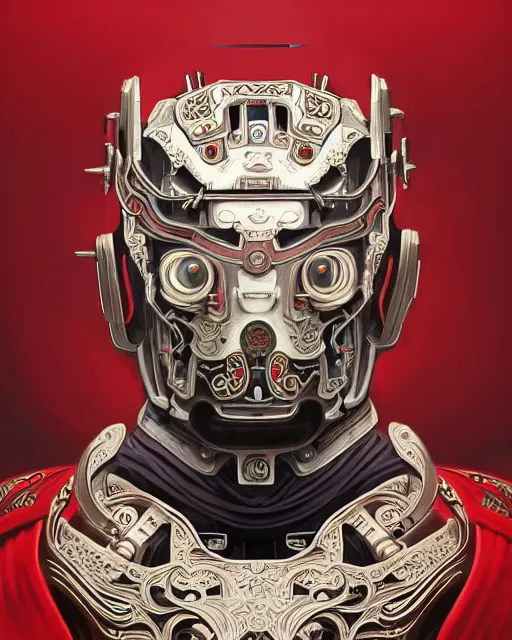 Image similar to portrait of a masculine male cyberpunk machine, machine face, upper half portrait, decorated with chinese opera motifs, asian, fine china, wuxia, traditional chinese art, intricate, elegant, highly detailed, symmetry, headpiece, digital painting, artstation concept art smooth sharp focus, illustration, art by artgerm and greg rutkowski alphonse mucha 8 k