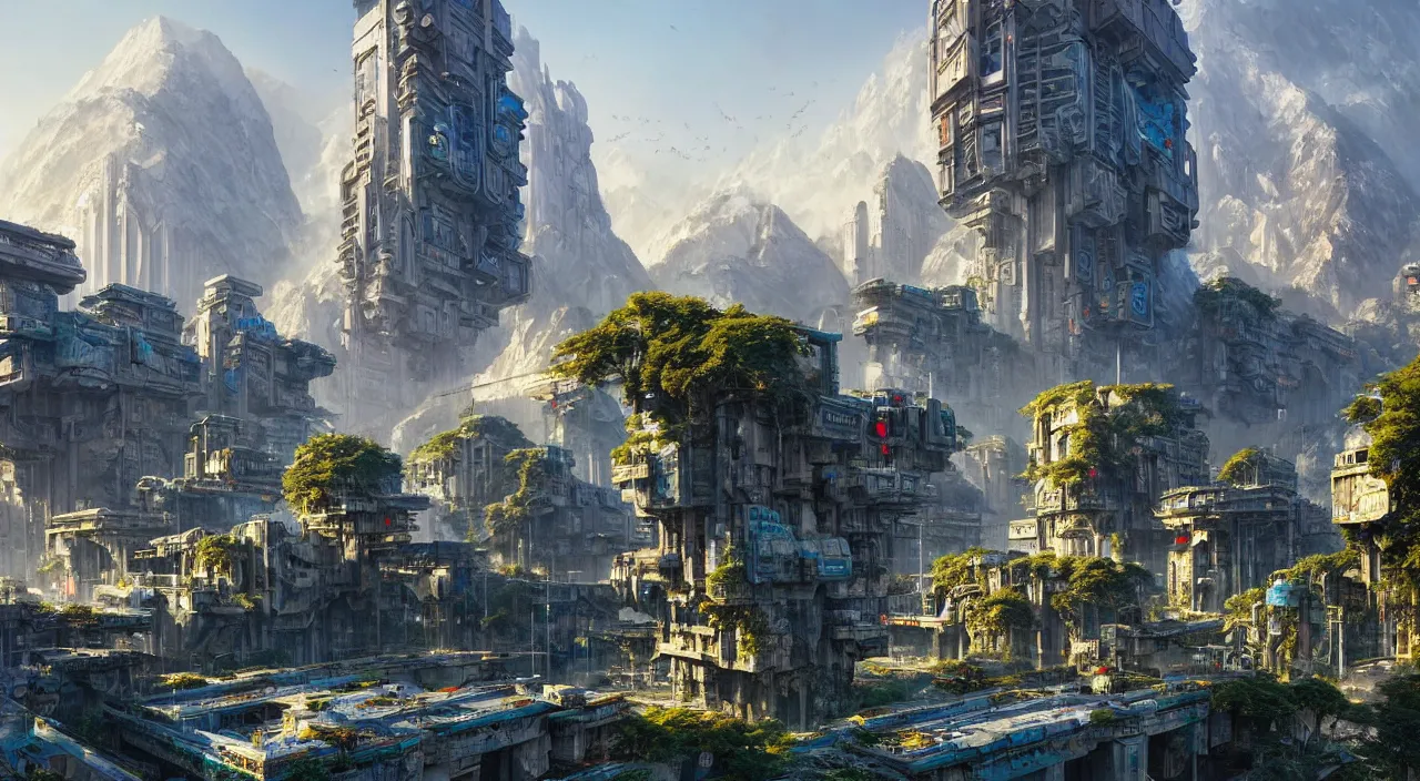 Image similar to futuristic cyberpunk city under kashmir mountains, hill valley grec greeble temple of olympus glory island little wood bridge painting of tower ivy plant in marble late afternoon light, wispy clouds in a blue sky, by frank lloyd wright and greg rutkowski and ruan jia