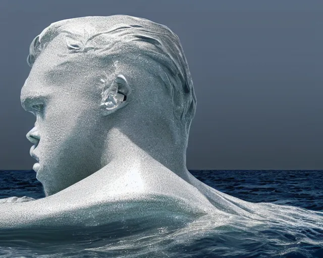 Image similar to a giant abstract sculpture of a human head on the ocean water, in the style of chad knight, award winning, cinematic, hyper - realistic, very detailed, realistic water splashes, ray tracing, 8 k resolution, long - shot, sharp focus, low angle, 8 5 mm photograph, wide lens