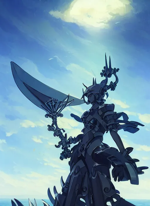 Image similar to close up of a extremely beautiful and aesthetic mech armor witch holding a symmetrical trident, highly detailed face, attractive symmetrical eyes, back shark fin, big wave horizon, dynamic model pose, slightly smiling, blue sky, big blade whale and black giants mech minotaurus, epic scene, fantasy illustrations, by makoto shinkai and peter mohrbacher and ferdinand knab