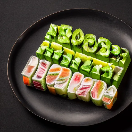 Prompt: food photography, michelin star food, best chef, plate art of vegetables terrine side view high bokeh, cinematic studio lighting