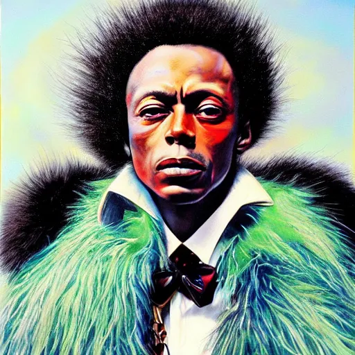 Image similar to beautiful fantasy character portrait, miles davis, bitches brew, wearing puffy bomber jacket with fur, by malti klarwein