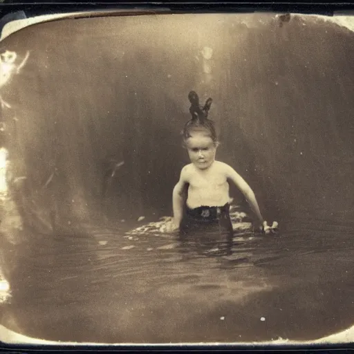 Prompt: tintype photo, swimming deep underwater, kid with huge beast