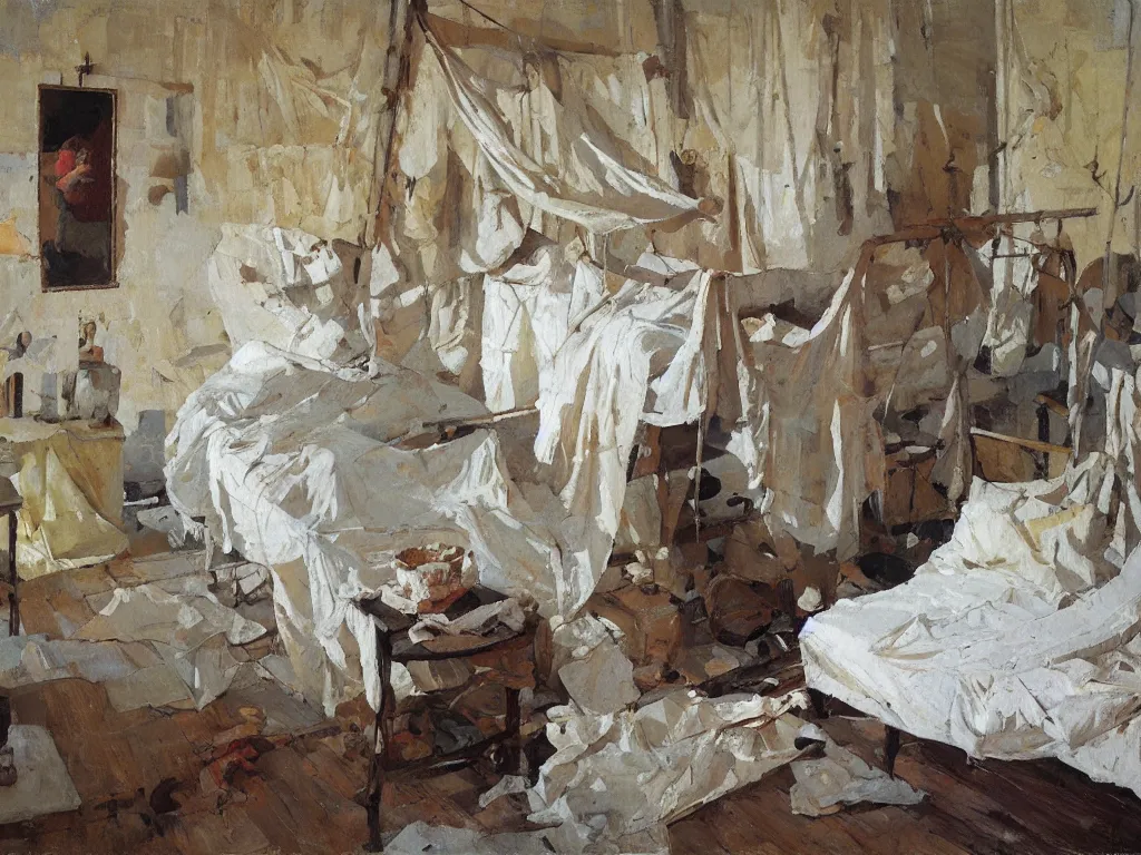 Image similar to bedroom, heatwave, Denis sarazhin, oil on canvas