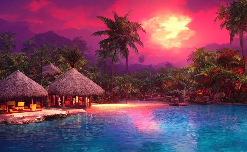 Image similar to a tropical resort in a jungle paradise, with a beautiful red and blue sunset, dynamic lighting, photorealistic fantasy concept art, trending on art station, stunning visuals, creative, cinematic, ultra detailed, ray tracing, sun rays, native tribes, wonderous waters, amazing detail