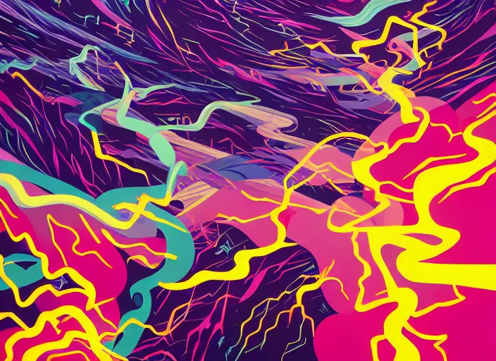 Image similar to abstract lightning storm by tomokazu matsuyama and dan mumford, unreal engine, high resolution render, featured on artstation, octane, 8 k, highly intricate details, vivid colors, vector illustration