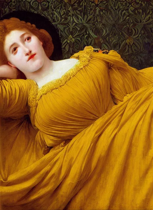 Image similar to masterpiece portrait of lady reclining on bed wearing yellow ochre ornate medieval dress, vertical, foreshortening, colour photography by frederic leighton, william morris, 8 k