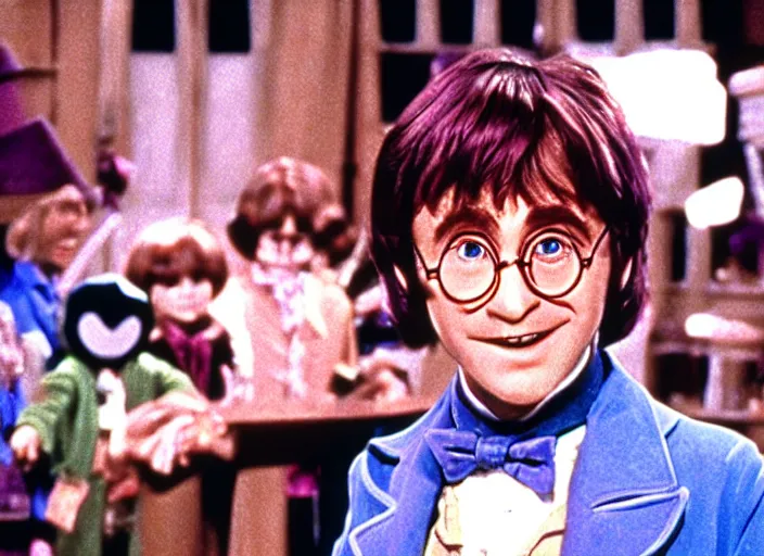 Image similar to film still of Harry potter as charlie in Willy Wonka's and the Chocolate Factory 1971