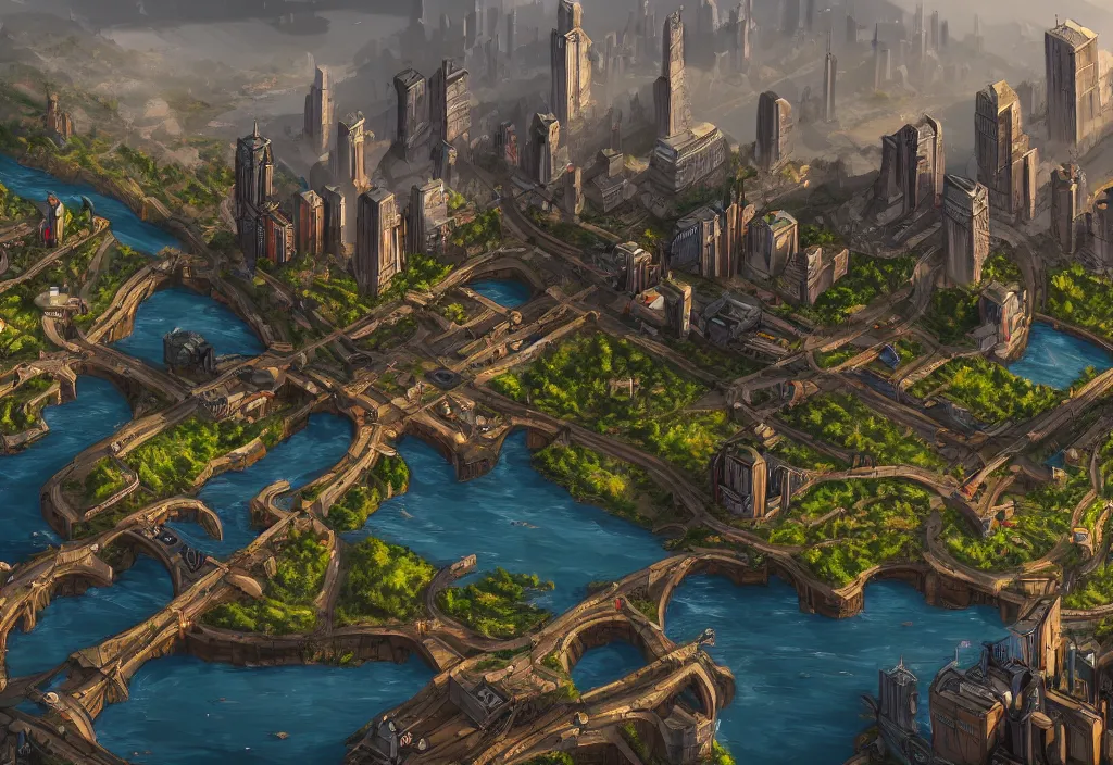 Image similar to wide shot, establishing shot of a modern day dungeons and dragons city with a river, trending on artstation, digital art, 4 k, 8 k