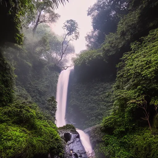 Prompt: A waterfall in the jungle, 8k, professional photography, cinematic shot, dark, smoke