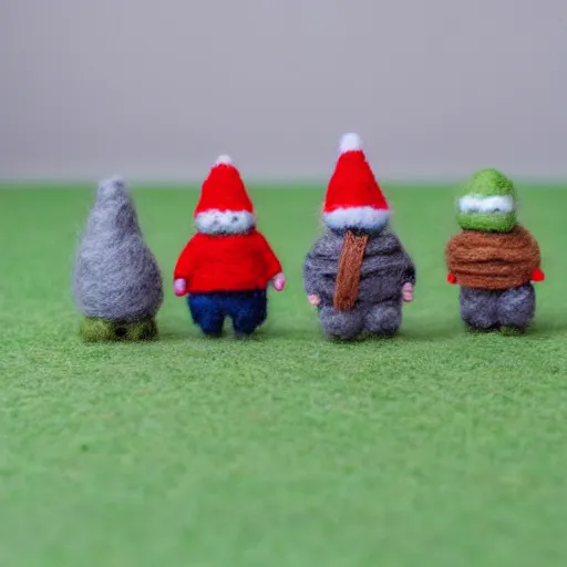 Image similar to a photography of little gnomes made out of wool on a stopmotion landscape made out of wool and yarn