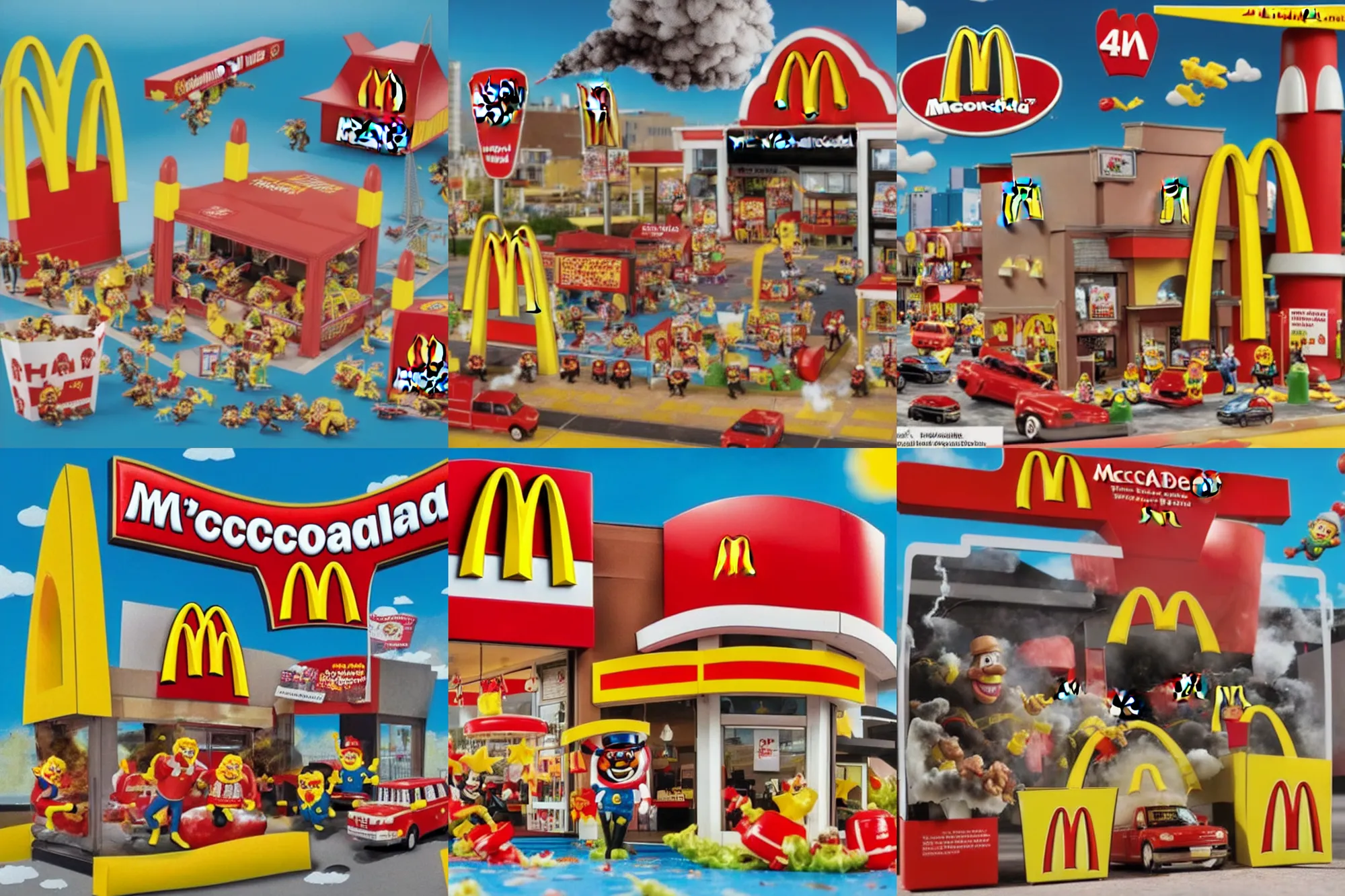 Prompt: A McDonald's happy meal toy of the Hamburgler as a terrorist detonating a bomb destroying all of the other toys. 4k, highly detailed. award winning. look at all that detail!