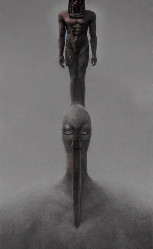 Prompt: great egyptian god khonshu, standing character, looking angry and like a person, fantasy, creepy, scary, strange, by beksinski and moebius, digital art, artstation