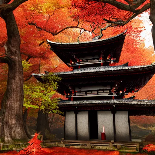 Prompt: cozy tang dynasty shrine in a maple forest during autum, red leaves, senpou temple from sekiro, award winning fantasy concept art, high octane render, 8k resolution, high definition