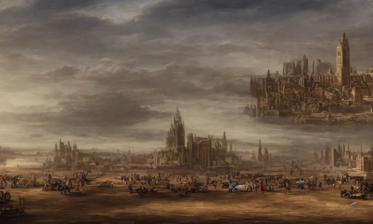 Prompt: The city of London on large wheels, moving across a dried up lake bed. Painted by Claude Lorrain, vivid colors, high details, cinematic, 8k resolution, beautiful detailed, photorealistic, digital painting, dark atmosphere, artstation, concept art, smooth, sharp focus, illustration, fantasy background, artstation trending, octane render, unreal engine