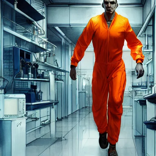 Prompt: a man in an orange jumpsuit running through a laboratory,digital art,art by greg rutkowski,ross tran,artstation,deviantart,photorealistic,hyperdetailed,detailed face,dramatic,cinematic,high quality,highly detailed face,western comic style,sharp lineart