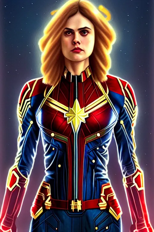 Prompt: alexandra daddario as captain marvel, realistic portrait, symmetrical, highly detailed, digital painting, artstation, concept art, smooth, sharp focus, illustration, cinematic lighting, art by artgerm and greg rutkowski and alphonse mucha