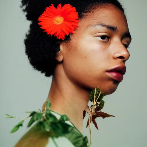 Image similar to realistic! photoshoot for a new nike lookbook, color film photography, portrait of a beautiful woman, woman got a flower in her hair, in style of tyler mitchell, 35mm