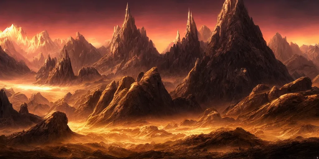 Image similar to The god-like landscape with mountains in the background, Sci-Fi fantasy desktop wallpaper, painted, 4k, high detail, sharp focus