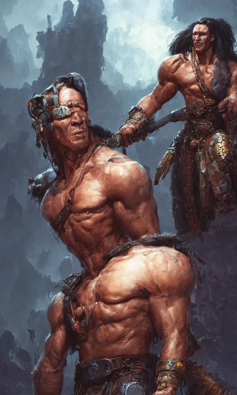 Prompt: hyper realistic digital painting of arnold swartzeneger as conan the technomancer by simon bisley and greg rutkowski, vivid color scheme, unreal engine 5