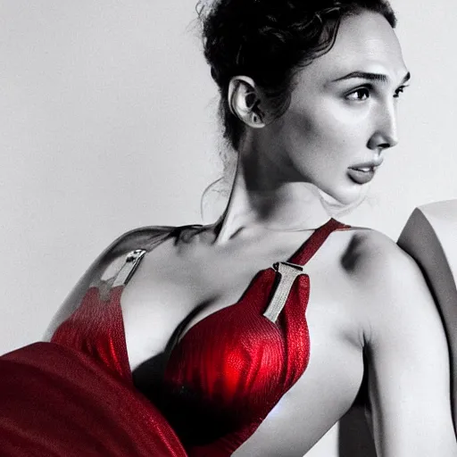 Prompt: Photo of Gal Gadot wearing a red swingswit,