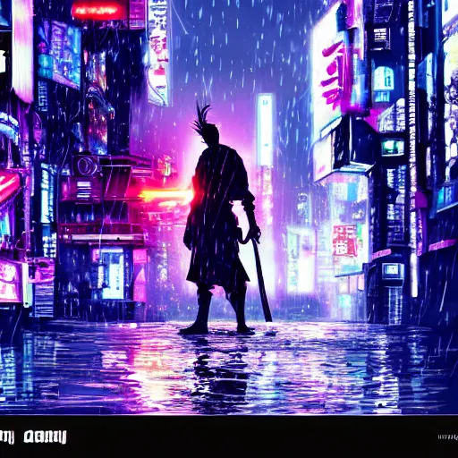 Image similar to silhouette of a samurai on his knees stabbing himself with a katana, blue and purple neon cubes coming out his body, cyberpunk rainy city at night, high quality, high detail, 4K, UHD, torii in the background, trending on ArtStation, blade runner vibes