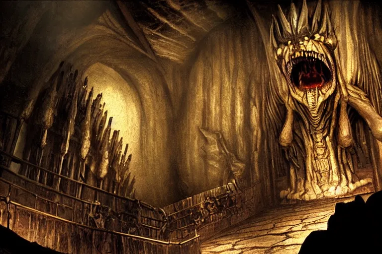 Prompt: balrog at the far end of a great hall in moria, style of h. r. giger, realistic movie still, cinematic, cgi,