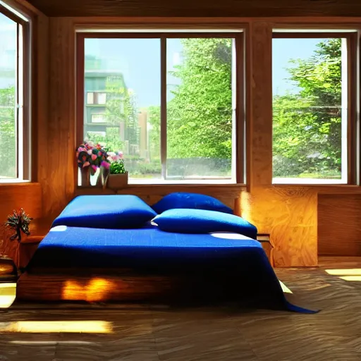 Prompt: a room with a blue bed in the corner, with a window next to the bed, plants in the window, sunlight coming through the window, wooden walls and a lava lamp, light reflections, professional photo, artstation trend, hdr
