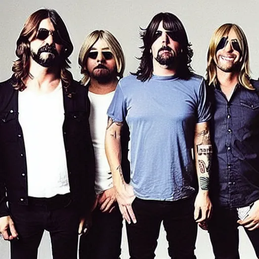 Prompt: the band members of foo fighters all wearing sunglasses and holding instruments that were never intended to be played