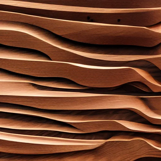 Image similar to a wood sculpture in the shape and texture of waves, deep and expressive grain patterns, volumetric lighting, light rays, photorealistic, ultrarealistic, coronarender, 8k