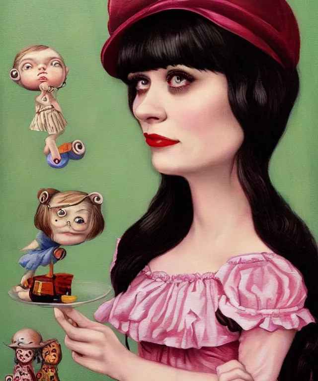 Image similar to portrait of Zooey Deschanel in wonderland, lowbrow painting by Mark Ryden