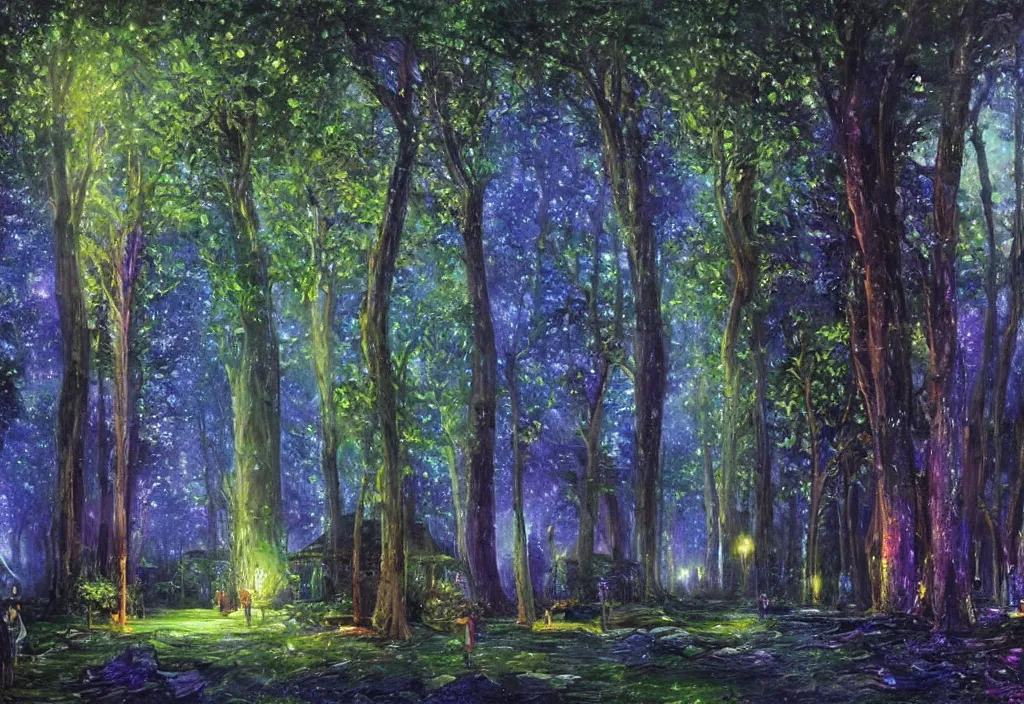 Prompt: Lothlorien at night, very dark with green lights, blue lights and purple lights, elven forest town with houses in the trees, oil painting, very detailed, dramatic lighting