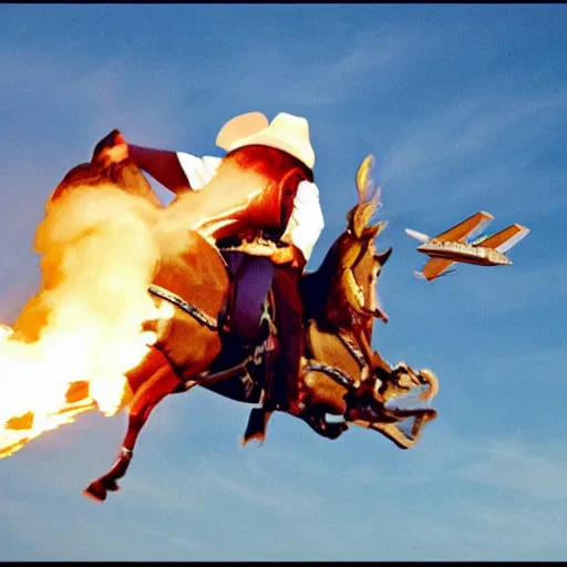 Prompt: donal trump as a cowboy riding a nuke as it's dropped from a plane high adrenaline junkie xtreme sport photography directed by mcg