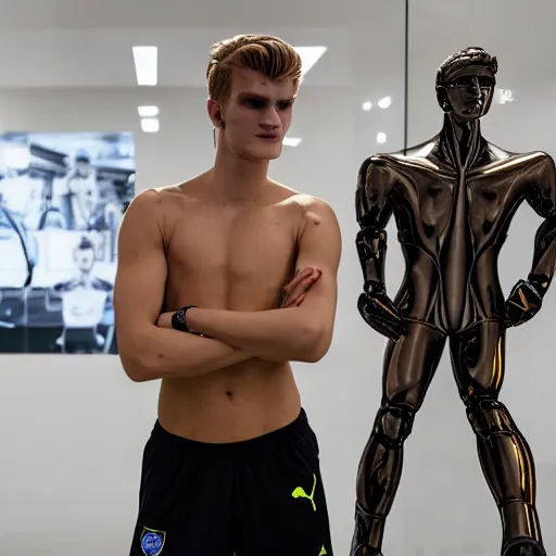 Image similar to a realistic detailed photo of a guy who is an attractive humanoid who is half robot and half humanoid, who is a male android, soccer players martin ødegaard & timo werner, shiny skin, posing like a statue, blank stare, in a lab, on display, showing off his muscles, gold soccer shorts, side view, repairing the other one