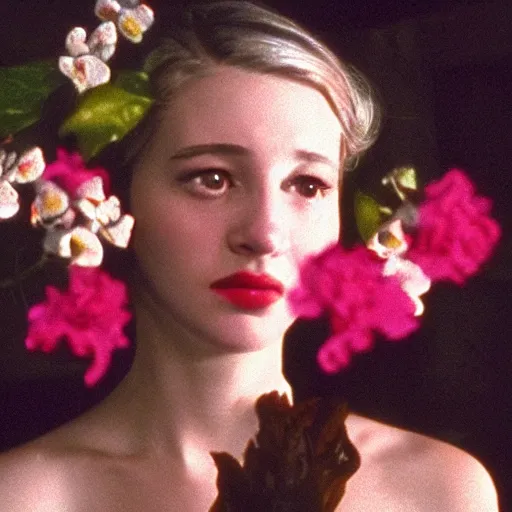 Image similar to movie still of the girl with the flowers head, cinematic composition, cinematic light, by david lynch, surrealist art