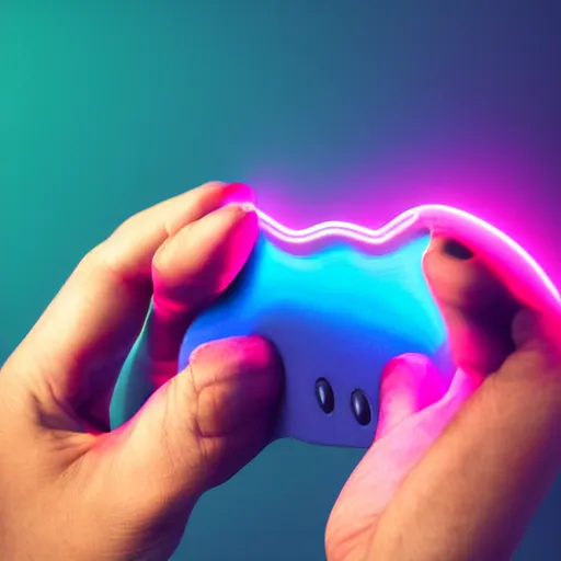 Image similar to hand holds gamepad through torn hole. creative pop art pink blue neon color. trendy gradient illumination. night light