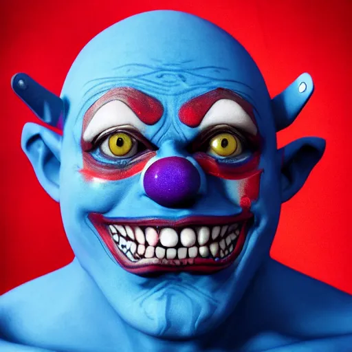 Image similar to 4K headshot of godlike clown with blue skin defined arms and open hands and bloody clothes with giant mandala wings , intricate clown face make-up , flawless anime cel animation by Kentaro Miura, psychedelic , highly detailed upper body , professionally post-processed , beautiful, scary, symmetry accurate features, epic, octane rendered, anime masterpiece, accurate