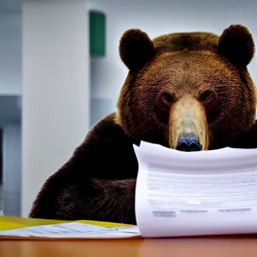 Prompt: tired bear at office, head leaning on paw with elbow on table, piles of paperwork