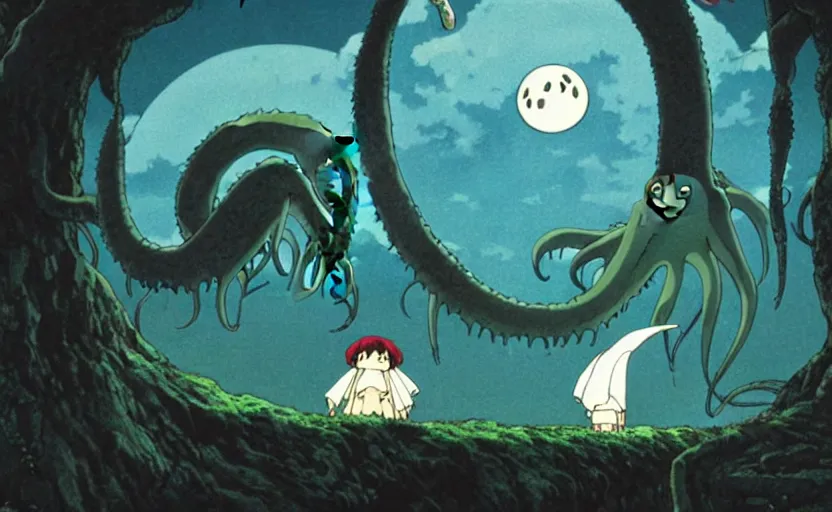 Image similar to a still from a studio ghibli movie of a cartoon cthulhu from princess mononoke ( 1 9 9 7 ), in front of a pale full moon, full body, wide shot, very dull muted colors, studio ghibli, highly detailed, deviantart, art by artgem