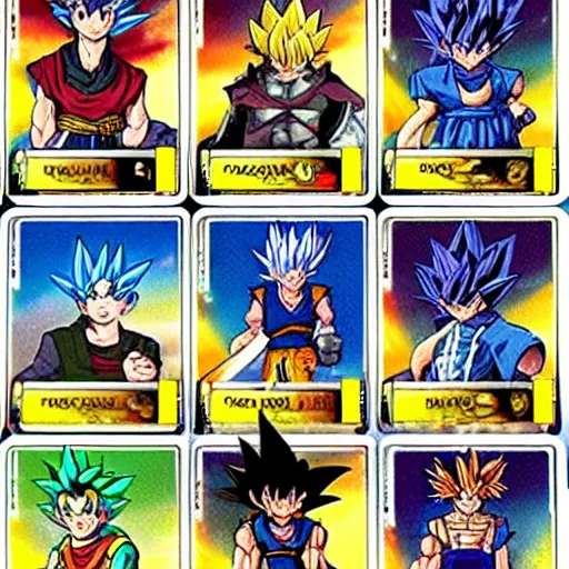 Prompt: yu-gi-oh trading cards with dragonball z characters
