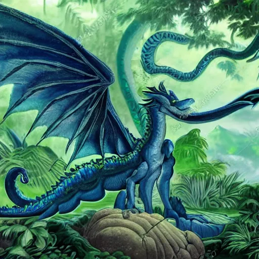 Prompt: A green, blue dragon with an elegant and long body and wolflike face, fur on its body and leathery wings, sitting on a clearing in a flowery, jungle, detailed, mtg